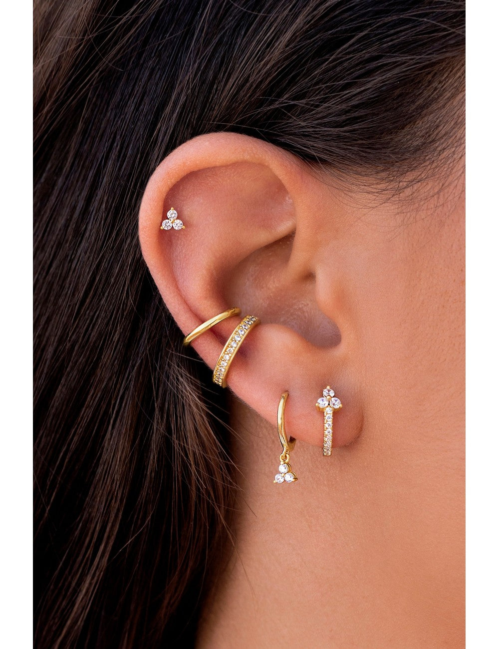 3 CZ Flower-Shaped Charm Huggie Hoop Earrings