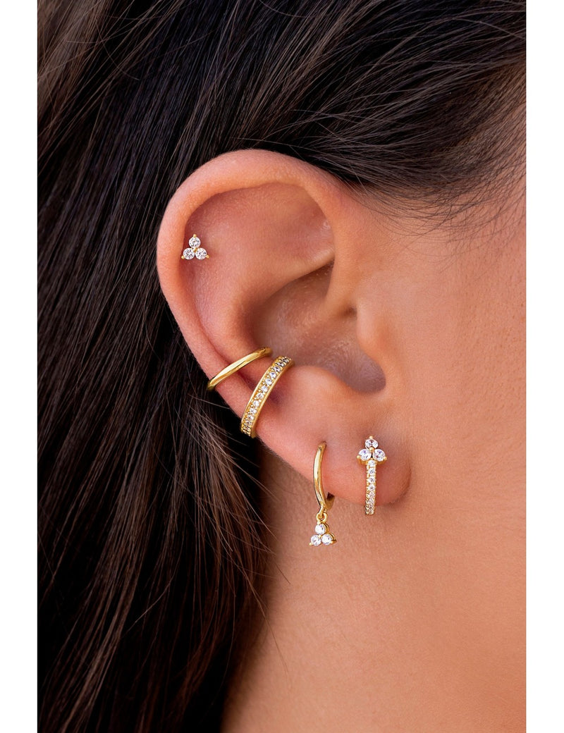 3 CZ Flower-Shaped Charm Huggie Hoop Earrings