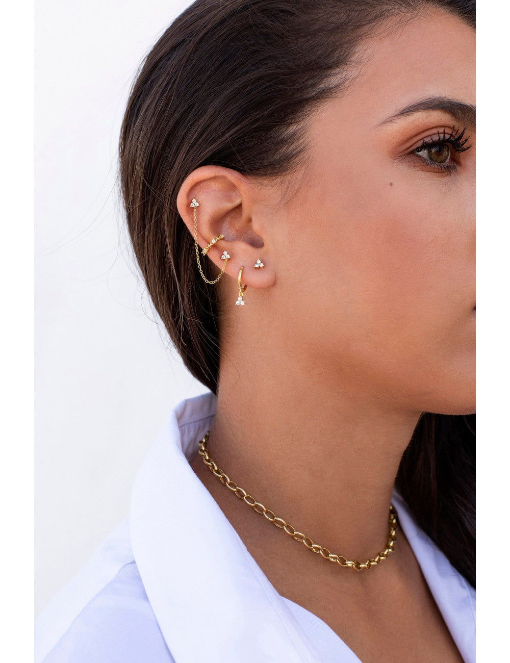 3 CZ Flower-Shaped Charm Huggie Hoop Earrings