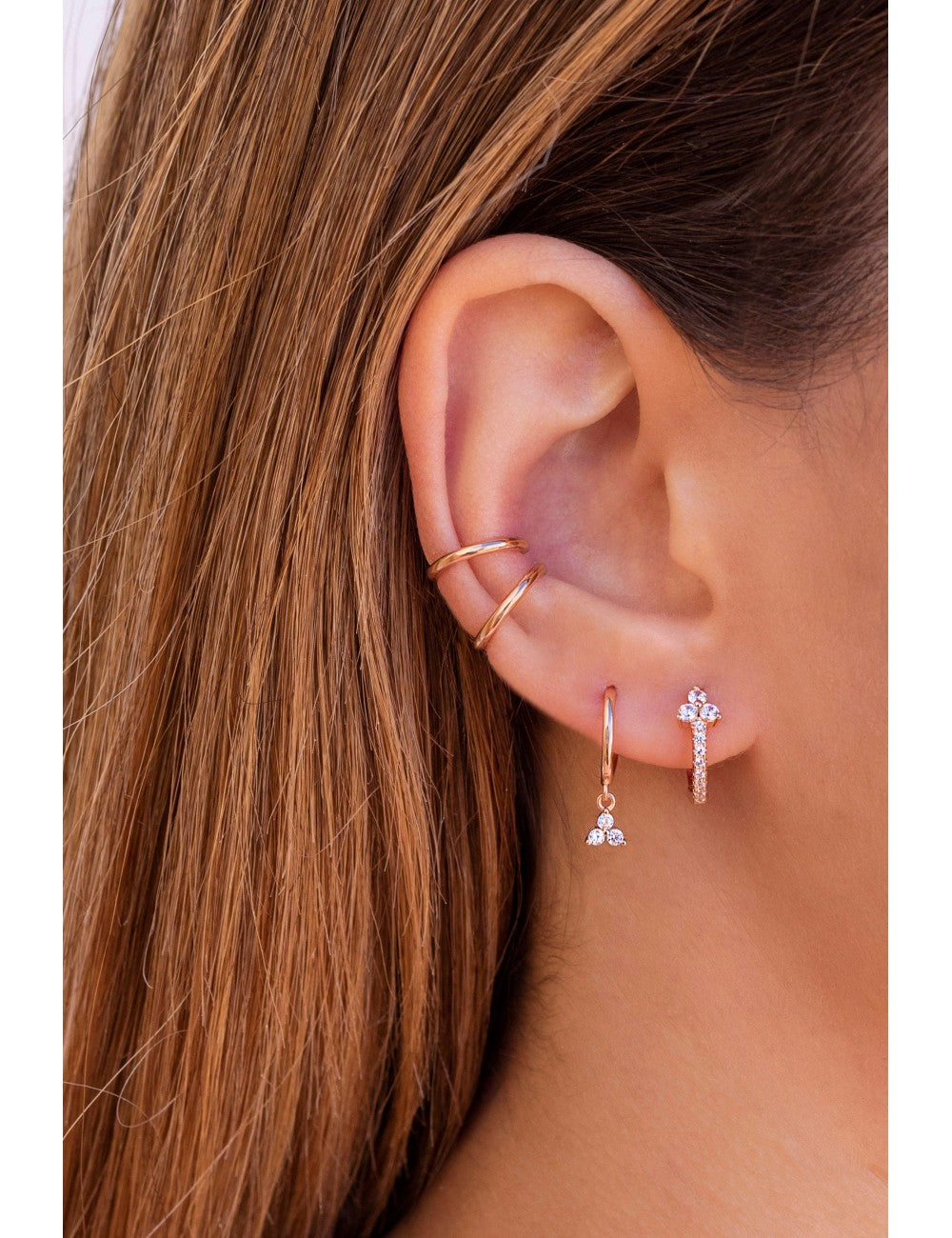 3 CZ Flower-Shaped Charm Huggie Hoop Earrings
