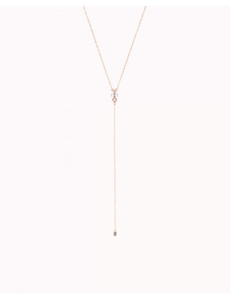 Dainty Y Shaped Long Necklace with Baguette and Round CZ