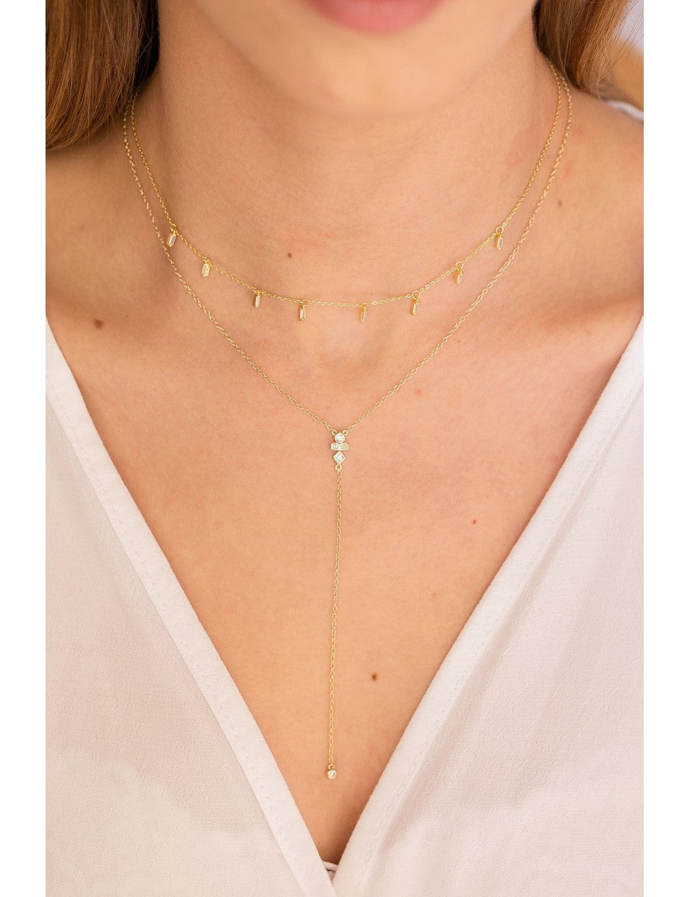 Dainty Y Shaped Long Necklace with Baguette and Round CZ