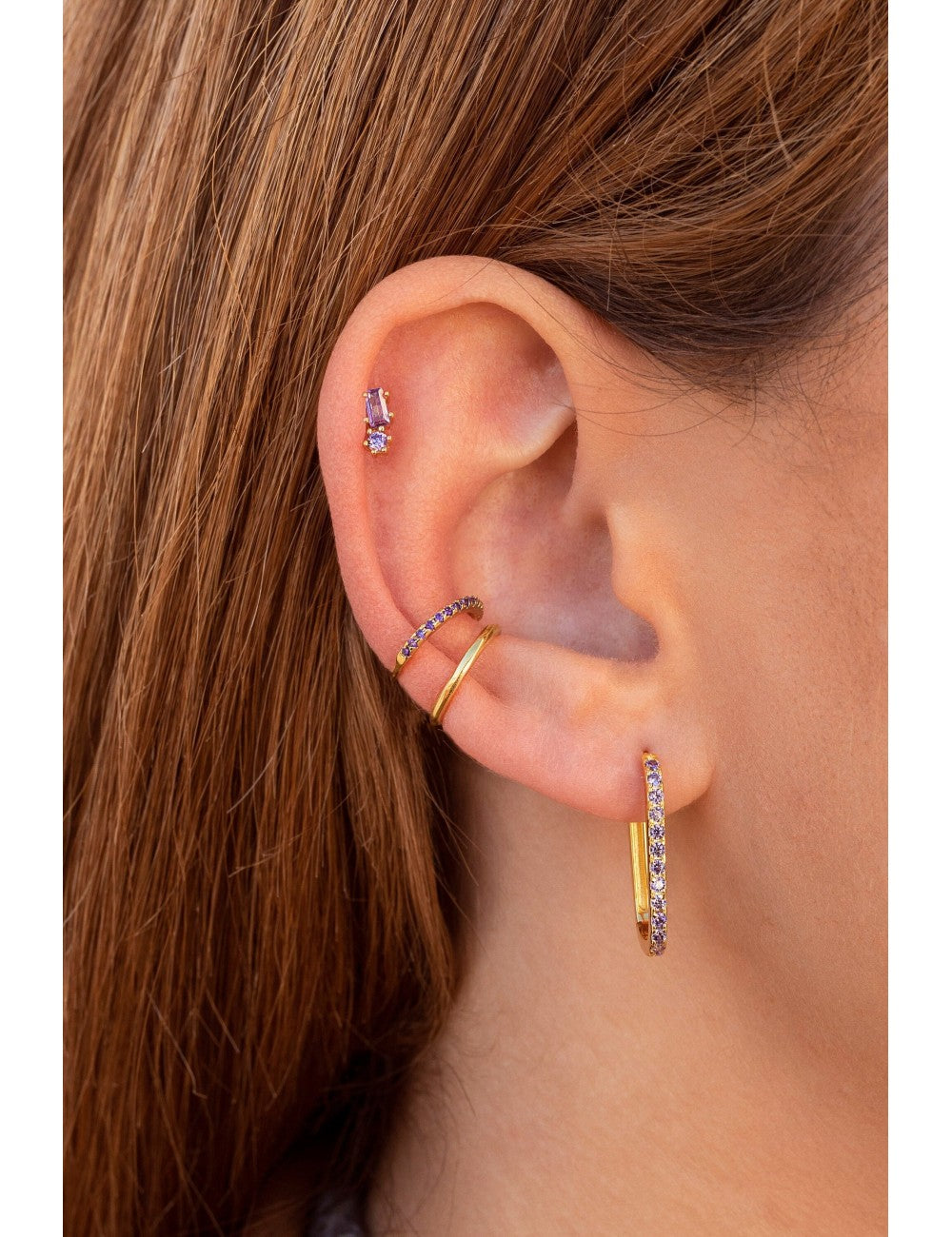 Purple Pave CZ Oblong Rectangle Hoop Earrings