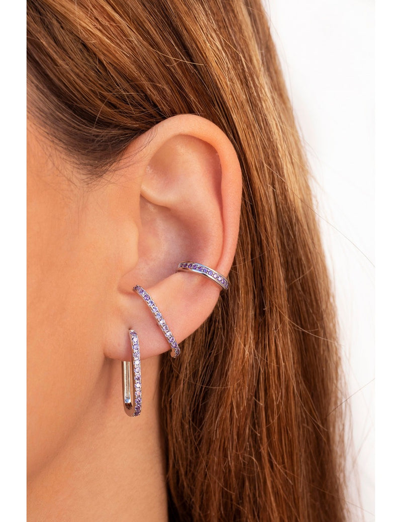 Purple Pave CZ Oblong Rectangle Hoop Earrings