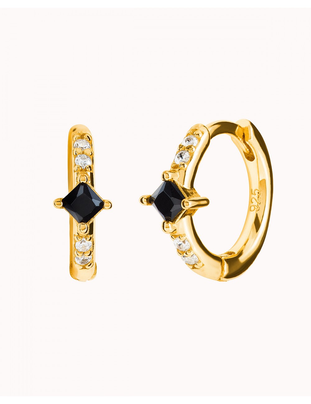 Square Princess Cut Black CZ Huggie Hoop Earrings