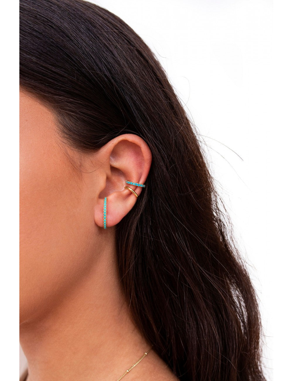 Pendientes stud ear lobe cuff con circonitas de color turquesa