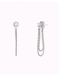 3 prongs Round CZ Dangling Double Ball Chain Stud Earrings