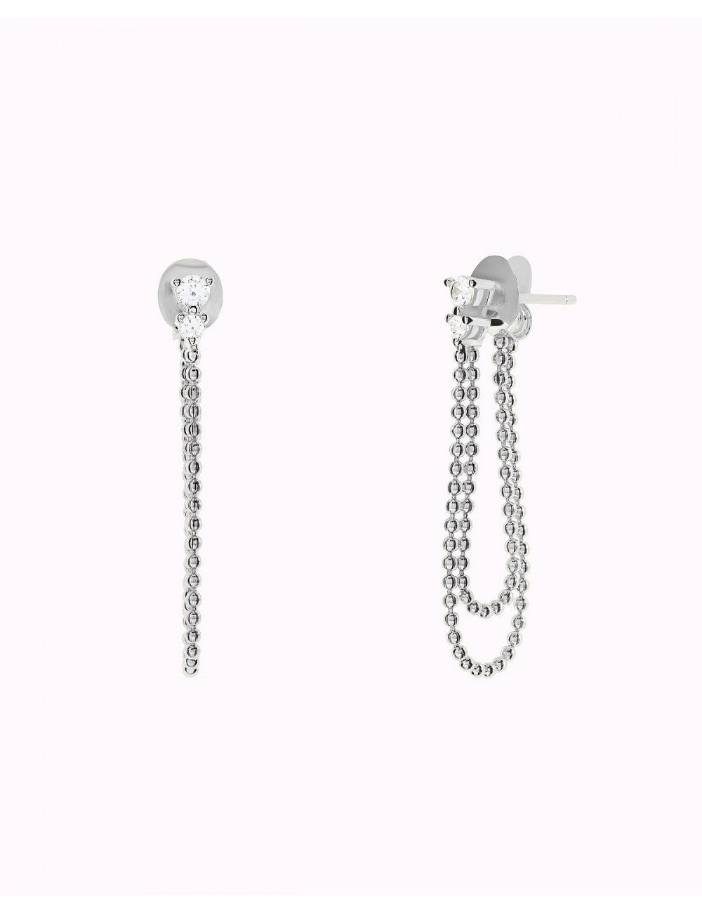 3 prongs Round CZ Dangling Double Ball Chain Stud Earrings