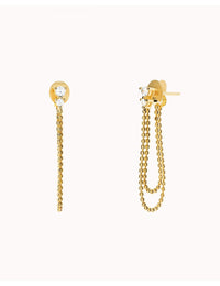 3 prongs Round CZ Dangling Double Ball Chain Stud Earrings