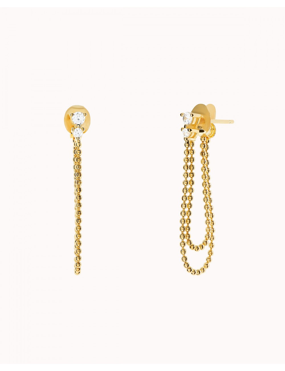 3 prongs Round CZ Dangling Double Ball Chain Stud Earrings
