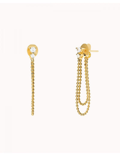 Pendientes stud con circonitas en 3 garras y cadena doble de bolas