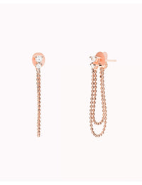 3 prongs Round CZ Dangling Double Ball Chain Stud Earrings