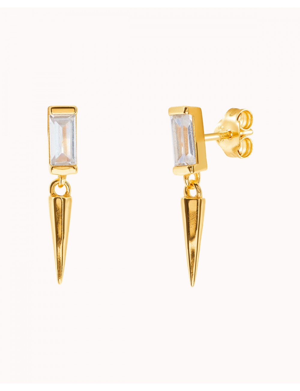 Baguette CZ Stud Earrings With Dangling Spike Charm - Two Sizes Available