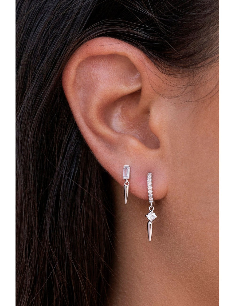 Baguette CZ Stud Earrings With Dangling Spike Charm - Two Sizes Available