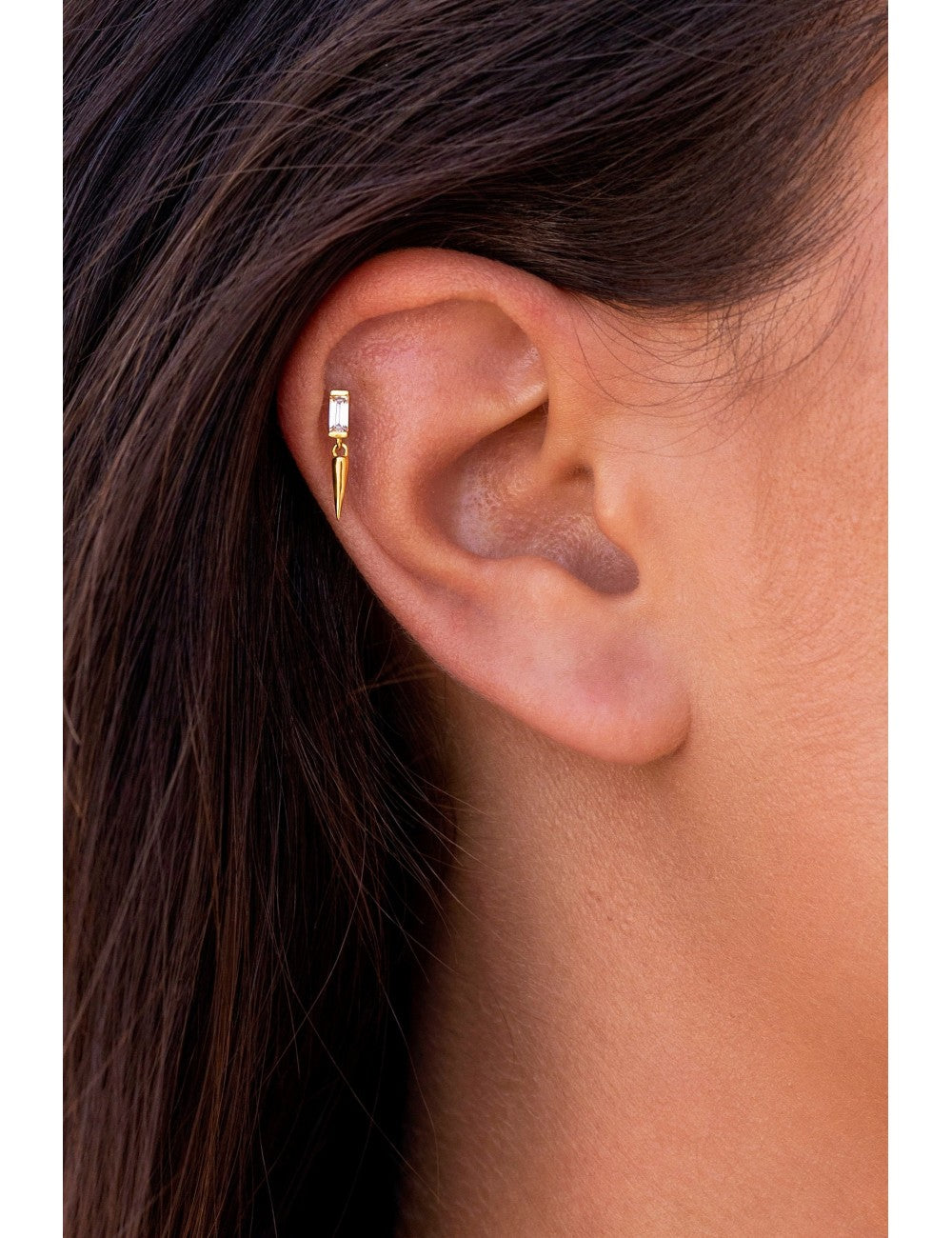 Baguette CZ Stud Earrings With Dangling Spike Charm - Two Sizes Available