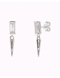 Baguette CZ Stud Earrings With Dangling Spike Charm - Two Sizes Available