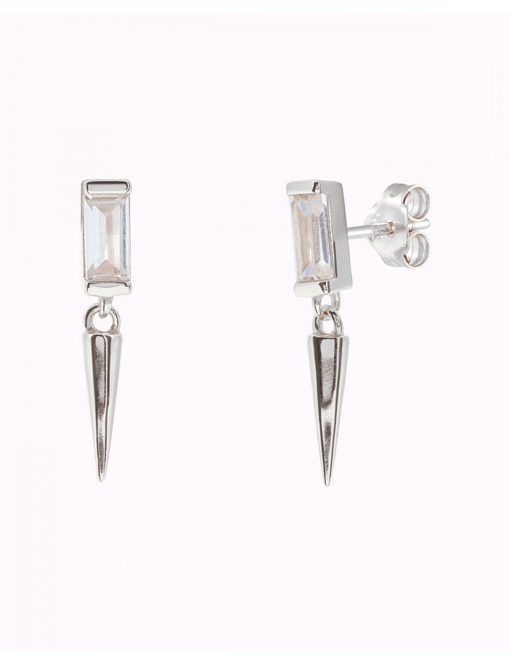 Baguette CZ Stud Earrings With Dangling Spike Charm - Two Sizes Available