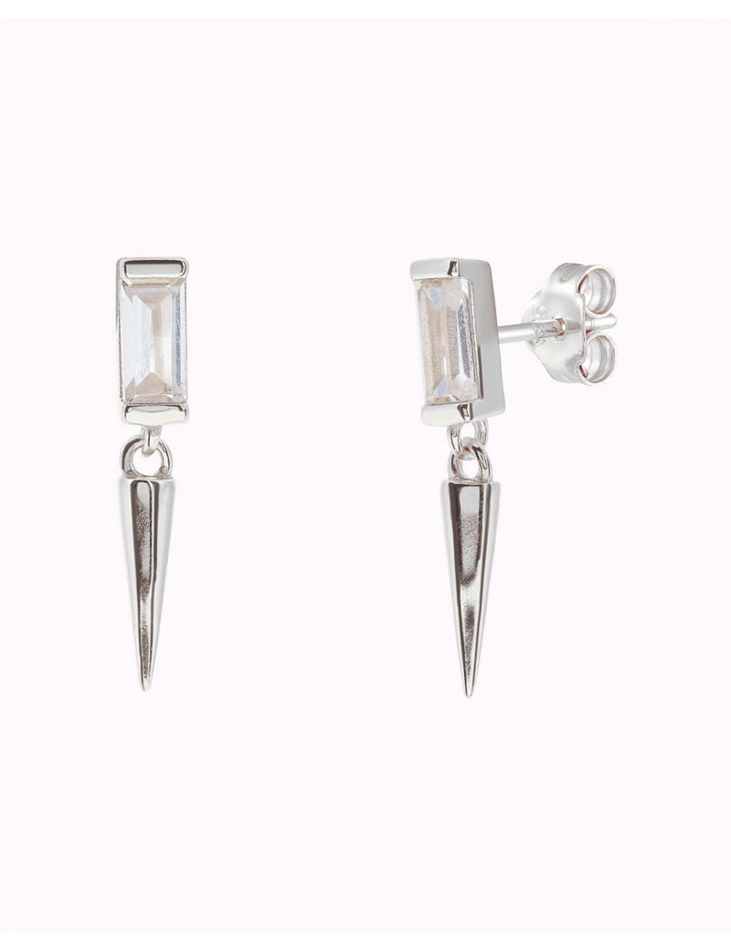 Baguette CZ Stud Earrings With Dangling Spike Charm - Two Sizes Available