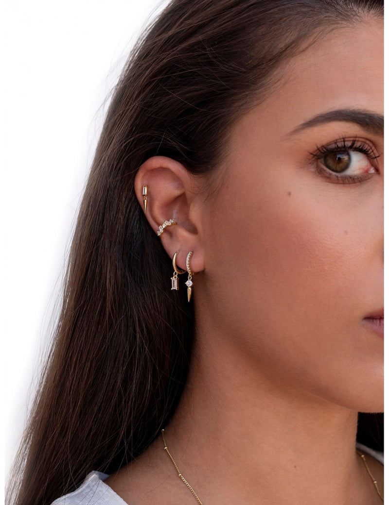 Baguette CZ Stud Earrings With Dangling Spike Charm - Two Sizes Available