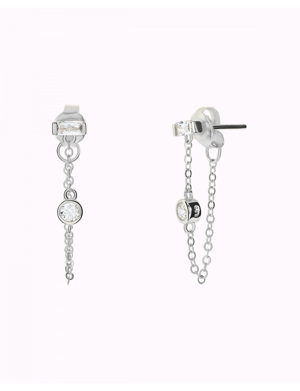 Baguette & Round CZ Dangling Chain Stud Earrings