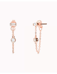 Baguette & Round CZ Dangling Chain Stud Earrings
