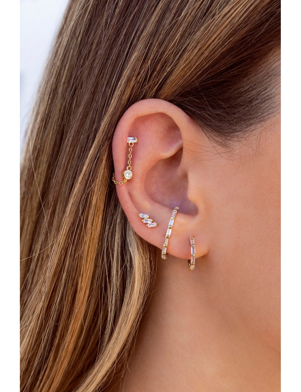 Baguette & Round CZ Dangling Chain Stud Earrings