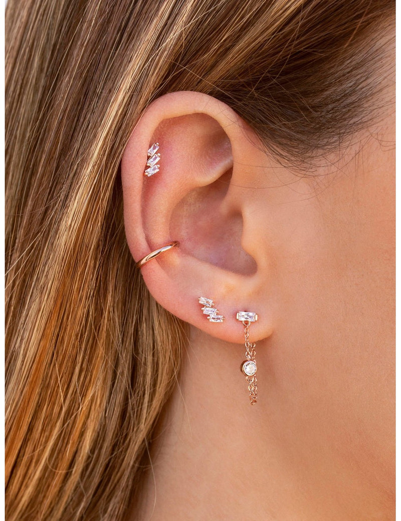 Baguette & Round CZ Dangling Chain Stud Earrings