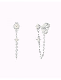 4 Prong Setting Round CZ Dangling Chain Stud Earrings