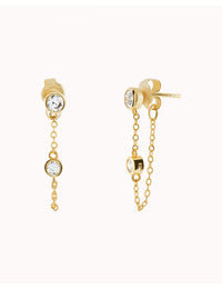 Boucles d'oreilles à tige avec chaîne suspendue et zircons taille ronde sertis en lunette