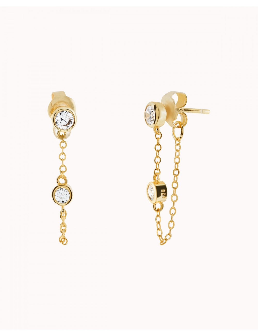 Boucles d'oreilles à tige avec chaîne suspendue et zircons taille ronde sertis en lunette
