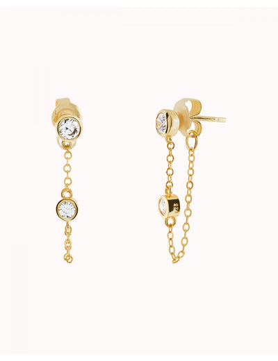 Boucles d'oreilles à tige avec chaîne suspendue et zircons taille ronde sertis en lunette