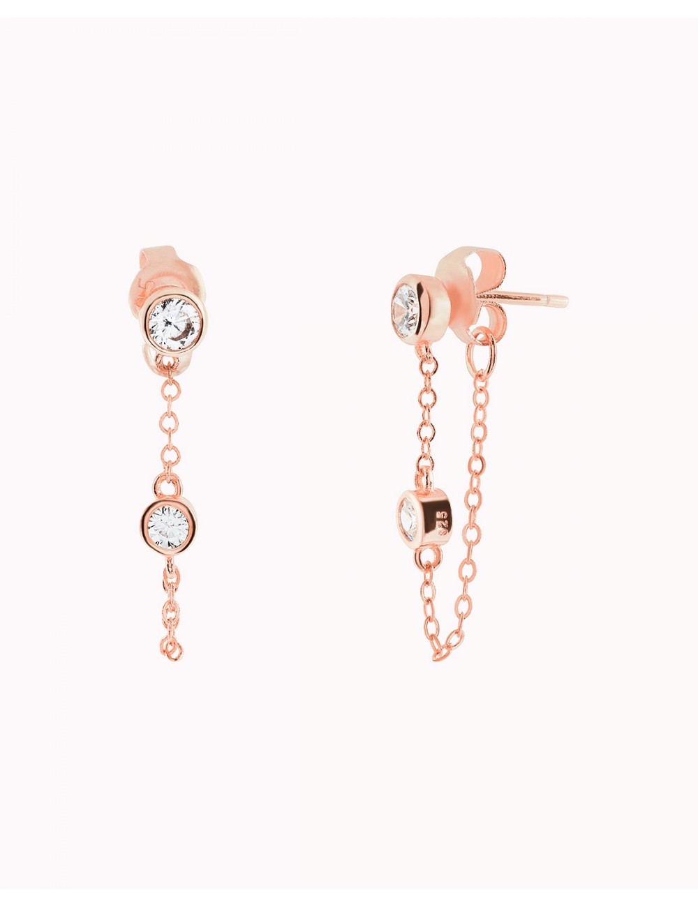 Boucles d'oreilles à tige avec chaîne suspendue et zircons taille ronde sertis en lunette