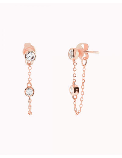 Boucles d'oreilles à tige avec chaîne suspendue et zircons taille ronde sertis en lunette