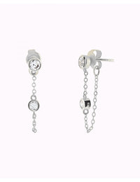 Boucles d'oreilles à tige avec chaîne suspendue et zircons taille ronde sertis en lunette
