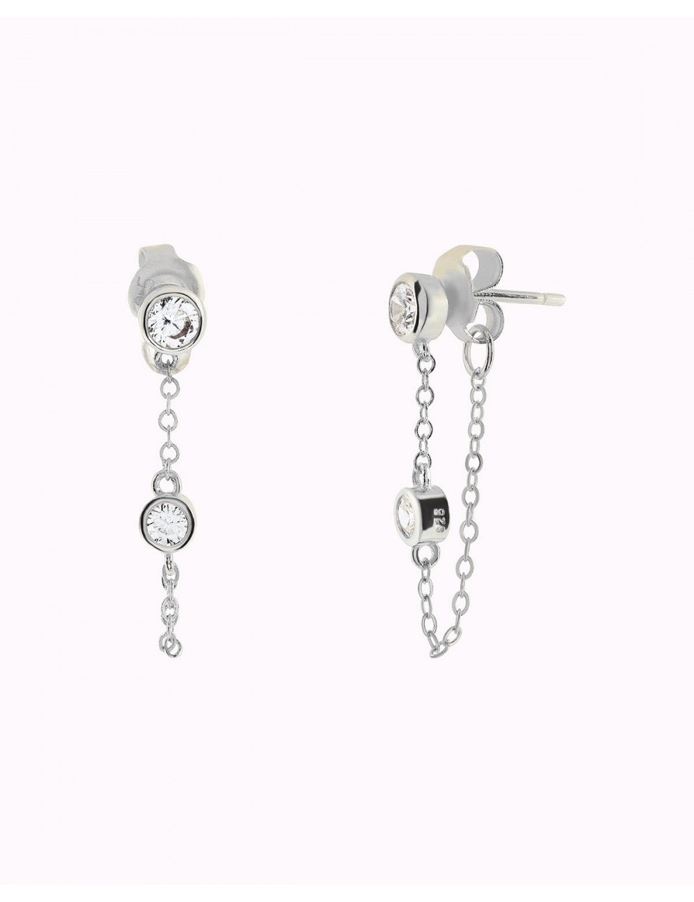 Boucles d'oreilles à tige avec chaîne suspendue et zircons taille ronde sertis en lunette
