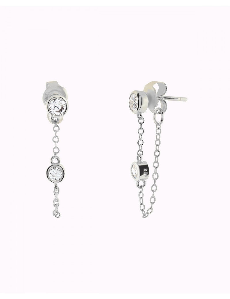 Boucles d'oreilles à tige avec chaîne suspendue et zircons taille ronde sertis en lunette