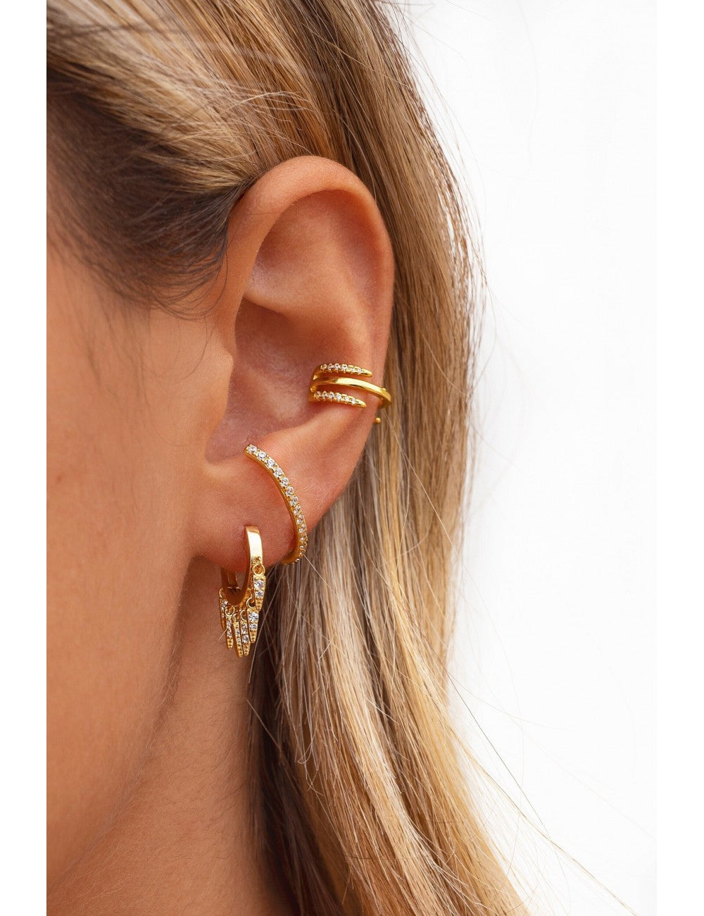Boucles d'oreilles manchettes d'oreilles conques à trois bandes avec zircons sertis pavé