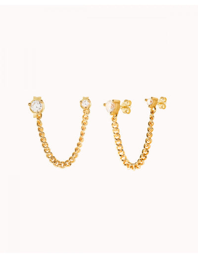 CZ Double Stud Earrings With Dangling Curb Chain