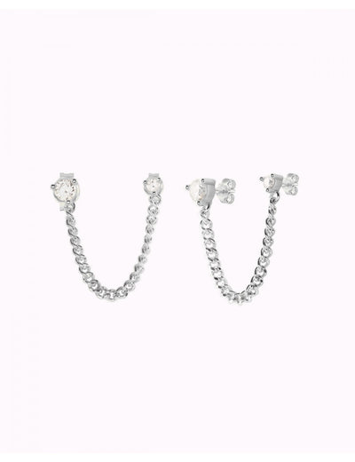 CZ Double Stud Earrings With Dangling Curb Chain