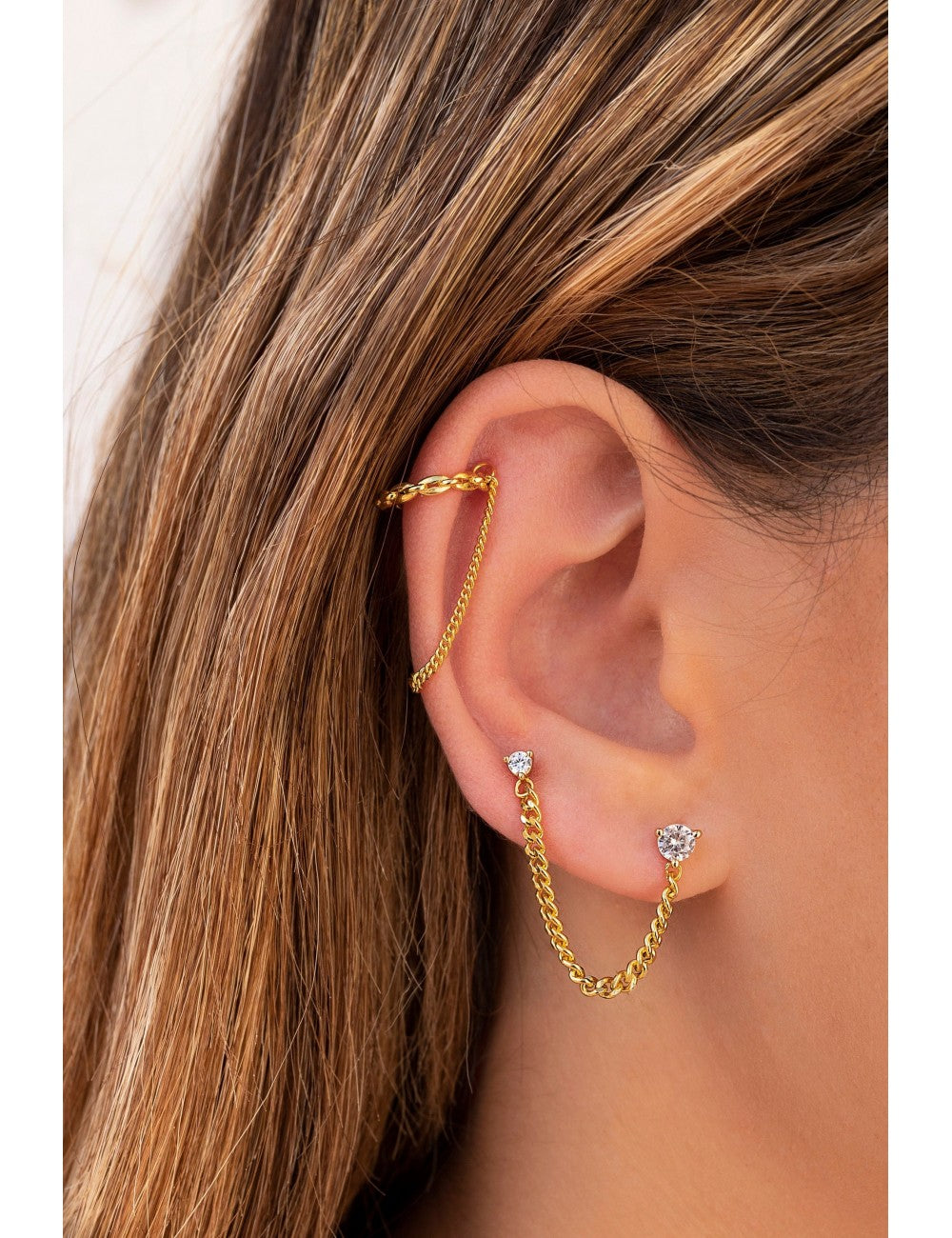Boucles d'oreilles piercing double zircone avec chaîne gourmette