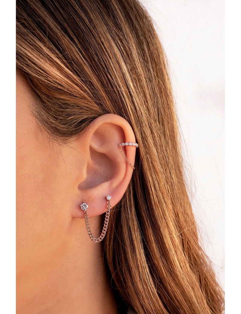 Boucles d'oreilles piercing double zircone avec chaîne gourmette