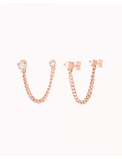 CZ Double Stud Earrings With Dangling Curb Chain