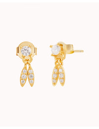 4 Prongs CZ Stud Earrings With Dangling Pave CZ Charms